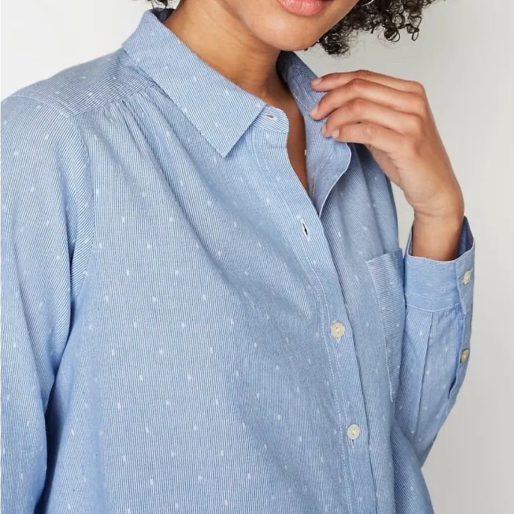 J. Jill Polka Dot Blue Stripe Button Down Long Sleeve. Large Petite